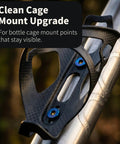 Clean Cage Mount Upgrade for bottle cage points, featuring a carbon fiber holder with blue screws on a silver bike frame.