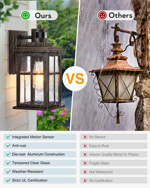 Comparison of Badass Adjustable Motion Sensor Outdoor Lights Oil Rubbed Bronze Wall Mount Porch Sconce vs. inferior lantern.