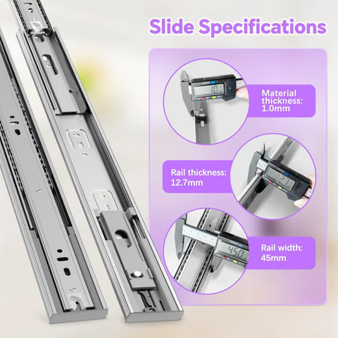 12 Inch Soft Close Stainless Steel Drawer Slides 1 Pair Smooth As Butter Gliding dimensions showing thickness and width specifications.
