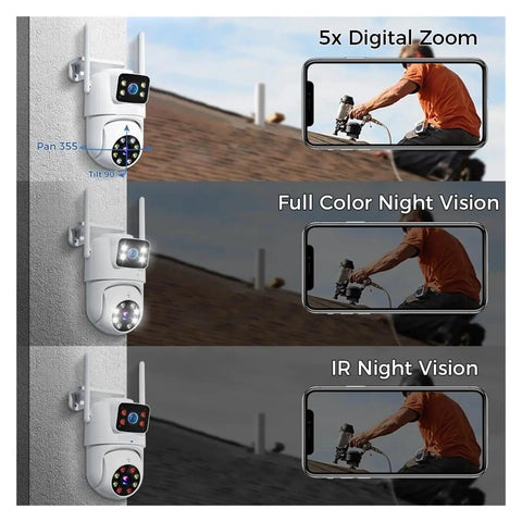 6MP Dual Lens WiFi NVR Security Camera Kit Shoots Hella Crisp 3K Video With Ultra Wide Angles And Smart Auto Tracking to show zoom and night vision features.