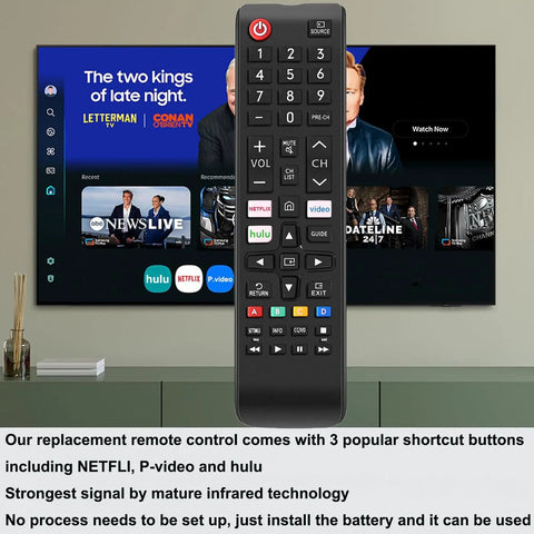 Universal Samsung TV Remote Control Replacement That Works With All Samsung LCD LED HDTV 3D Smart TVs Including Every Series Easy Setup No Code Needed Plug And Play IR Remote in front of a TV screen displaying streaming services.