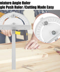Front view of a TRUTOPWAY miter angle measuring tool with circular protractor on a metal stand, used for woodworking.