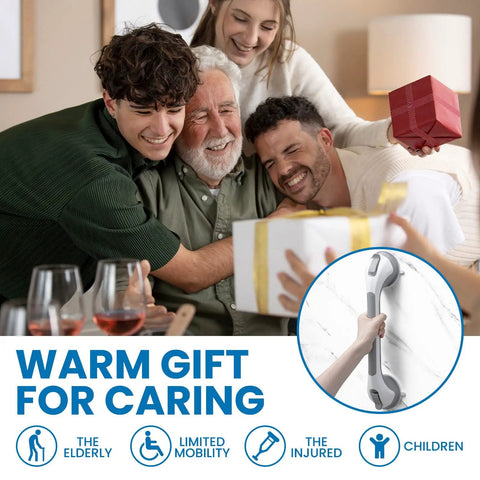 Top Shelf Shower Grab Bar With Heavy Duty Suction Mount For Seniors Elderly Portable Non Slip Bathroom Safety Handle No Sweat Setup Versatile 16 Inch Grey Support Rail Grip with family celebrating.