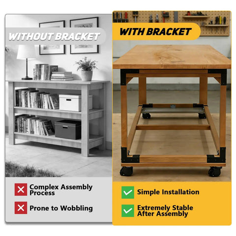 Comparison of table without and with Beefy 8 Pack Workbench Corner Brackets Kit For DIY Tables And Shelves, showing improved stability.