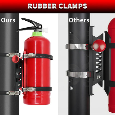 Universal Quick Release Fire Extinguisher Mount With CNC Aluminum Adjustable Roll Bar Holder showing rubber clamps comparison for Jeeps and ATVs.