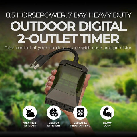 Weatherproof Seven Day Outdoor Digital Plug In Timer Featuring Dual Grounded Outlets And No Sweat Programming, shown in hand.
