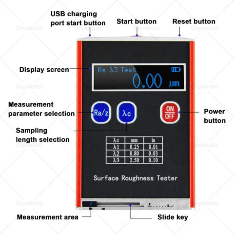 Portable Digital Surface Roughness Tester Handheld Profilometer with display screen and buttons, including Calibration Block for on-site use.