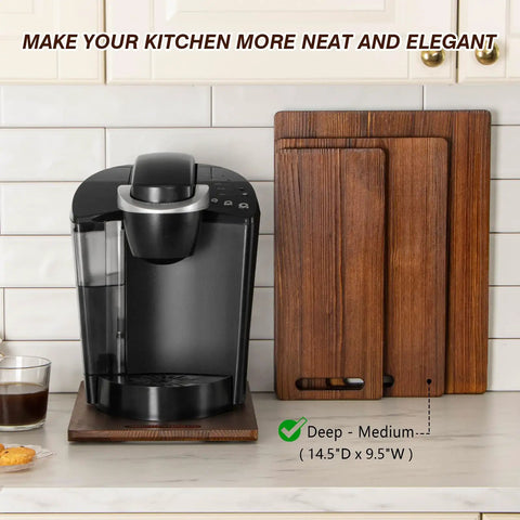 Heavy Duty Pine Wood Appliance Slider Smooth Glide Tray For Coffee Maker And Air Fryer with coffee maker on countertop.