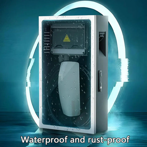 Beefed Up Locking EV Charger Weatherproof Enclosure Heavy Gauge Steel floor mount with water droplets, secured lock.
