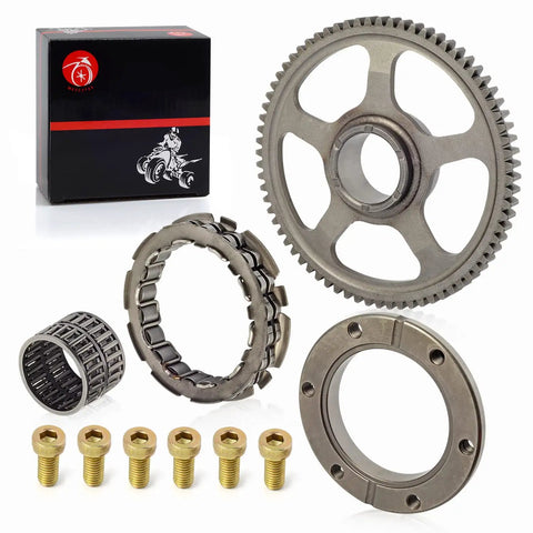 Heavy Duty Starter Clutch And One Way Bearing Idler Gear Kit With Gasket Set for Honda TRX400EX ATV, includes gear, bearing, bolts.