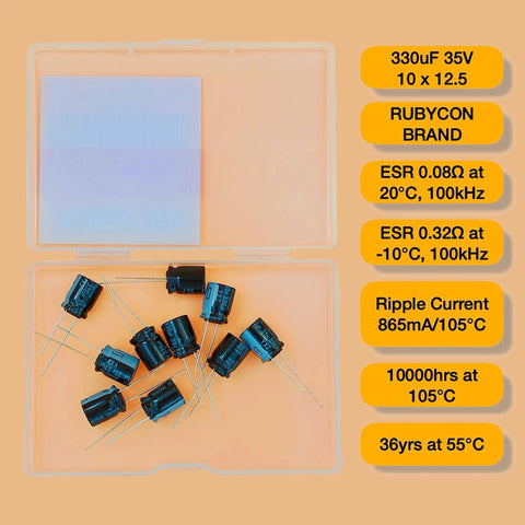 Heavy Duty Rock Solid 330 Uf 35 Volt 10X12.5Mm Radial Lead Aluminum Electrolytic Capacitor With Ultra Low Esr And Fast Response Tight 10 Pack in a clear case.