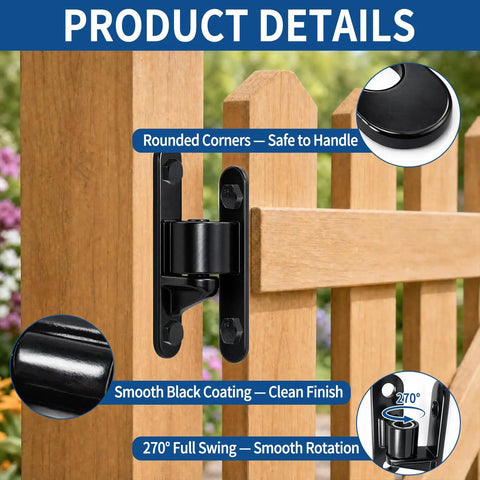 Heavy Duty Gate Hinges 2 Pack 304 Stainless Steel With Painted Coating Rock Solid Rust Resistant Outdoor Hardware Tough As Nails close-up of black-coated hinge on wooden gate with rounded corners