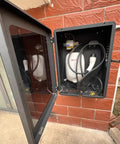 Universal EV Charger Cover Waterproof Outdoor Charging Enclosure With Combo And Key Lock Hella Secure Heavy Duty housing open showing electric cables.