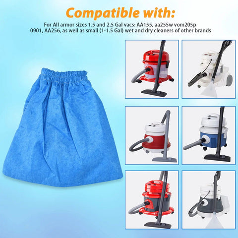 Cloth Filter For Two And Two Point Five Gallon Shop Vac Systems In A Three Pack, compatible models illustration and vacuum examples.