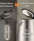 Comparison of plastic versus stainless steel electric kettle, highlighting the plastic-free interior design on the right.