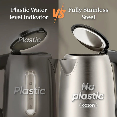 Comparison of plastic versus stainless steel electric kettle, highlighting the plastic-free interior design on the right.