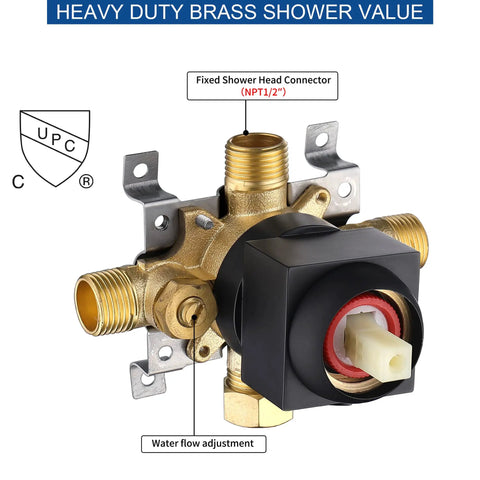 Heavy-duty brass valve shows the shower head connector and water flow adjustment for Matte Black High Pressure Shower System With Six Setting Rain Shower Head And Handheld Combo Including Pressure Balance Valve And Trim Kit For Steady Temperature Control And Awesome Bath Time Vibes.