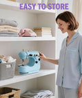 Straight Up Hassle Free Compact Mini Sewing Machine With Dual Speed Options Bright Led Lamp Extension Table And Slick All In One Beginner Kit For Diy Fabrics, placed on a shelf.