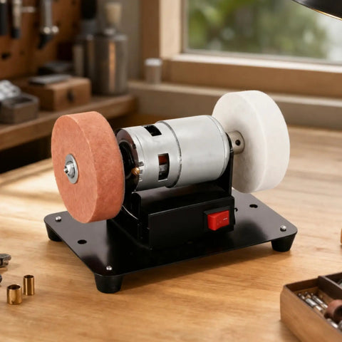 Badass Compact Bench Grinder With Dual Wheel Grit Setup Sleek Steel Body showcasing coarse and fine wheels on a sturdy base.