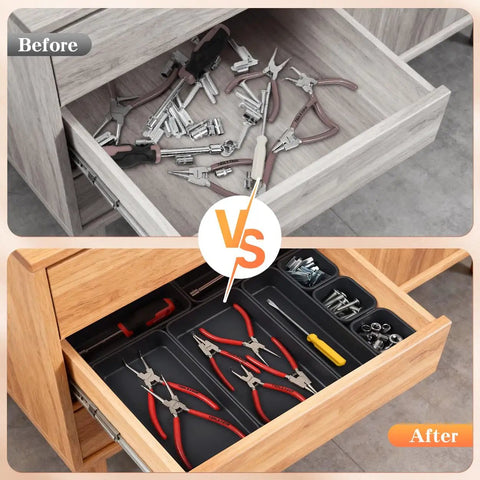 Before and after photos of messy and organized tool drawers using Interlocking Drawer Organizer Set in Three Sizes for Kitchen, Office, Makeup, Jewelry, and Tools, Durable Plastic Desk Tray Dividers, Stackable, Easy Access, Keeps Countertops and Drawers Neat and Tidy.