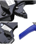 Close-up of PEX Cinch Clamp Tool Kit With One Handed Ratcheting Crimper for Stainless Steel Rings and blue handle