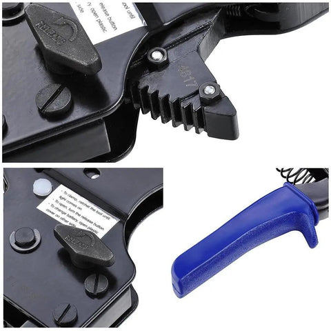 Close-up PEX Cinch Clamp Tool Kit With One Handed Ratcheting Crimper For Stainless Steel Rings showing blue handle and black mechanism.
