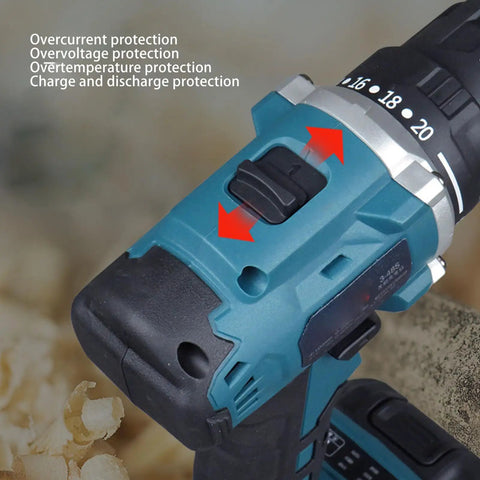 Heavy Duty Cordless Drill Set With Sleek Brushless Motor And Knockout 21V Power shows protection features on drill handle.