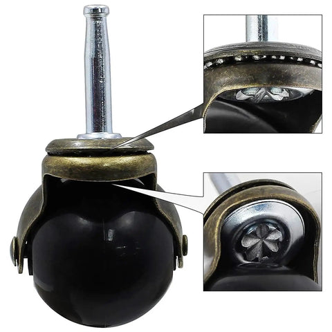 Antique Bronze Furniture Casters with No Sweat Rolling Action featuring a black ball roller and metal swivel for smooth gliding.