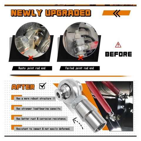 Before and after comparison of 7/8 Inch Heim Joint Rod End Kit 2 Pack for Jeep Trucks and 4X4 Steering Suspension Systems.