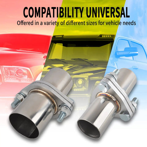 T304 Stainless Steel Exhaust Flange Bolt Kit With Drop In Quick Fix Pipe And Badass Gasket Universal Fit For Street Rods Muscle Cars And Custom Rigs Slick Garage Swap, close-up of exhaust pipe components.