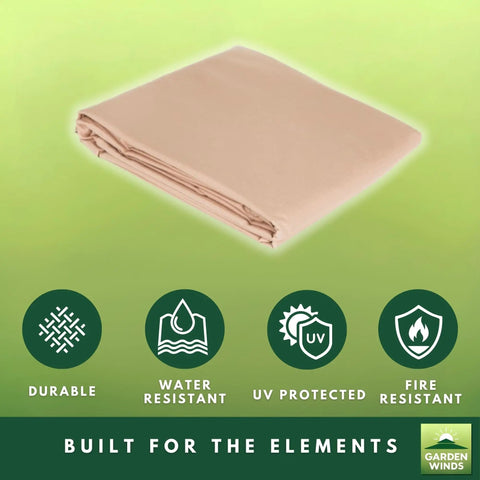 Beefy 350 Denier Beige Replacement Canopy Top For Callimont Park Swing Models RUS4239 And RUS4239-WM laid out, showing material and features icons.