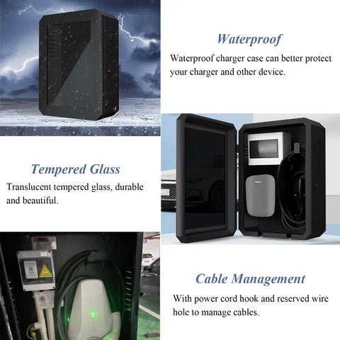 Rock Solid Wall Mount EV Charger Cable Organizer Box Weatherproof Durable Steel Charging Station Holder with tempered glass display.