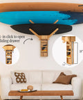 Premium Bamboo Surfboard Wall Rack Stashes Three Boards For Gnarly Garage Gear Stash With Built In Tray and sliding drawer.
