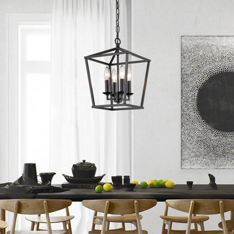 Go-To Industrial Black Four-Light Pendant With Candle-Style Cage Chandelier in dining area