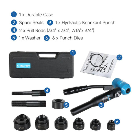 Hydraulic Knockout Hole Punch Driver Kit With Eight Ton Power, Six Dies From Half Inch To Two Inch, components displayed