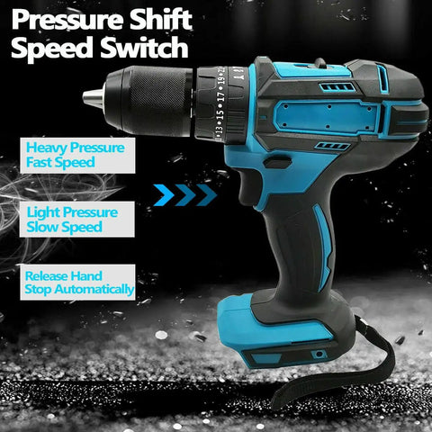 Badass 18V Cordless Drill And Hammer Driver Set Featuring A Fast Brushless Motor Up To 90Nm Torque 4500 Rpm With A Smooth 3/8 Inch Keyless Chuck For Tough Job Site Grind showing pressure shift speed switch function.