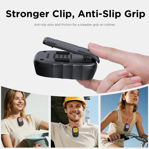 Wearable Bluetooth Speaker With All Day Battery Life And Clip On Convenience For Job Sites Water Resistant Pro Portable Speaker With Built In Mic For Hands Free Music And Calls Blue Non Magnet shown being clipped on apparel.