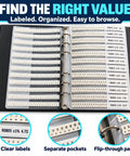 Badass 7350 Piece 0805 SMD Resistor Capacitor Assortment Kit Featuring 170 Precision Values organized in a binder with labels.