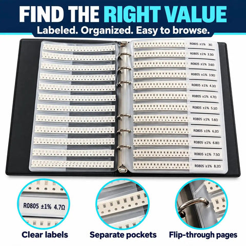 Badass 7350 Piece 0805 SMD Resistor Capacitor Assortment Kit Featuring 170 Precision Values organized in a binder with labels.
