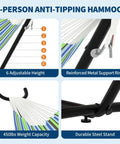 Close-up of two person hammock with stand for outdoors and indoors, highlighting adjustable height and steel frame features.