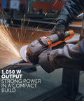 Professional Compact Angle Grinder With Anti Vibration Handle And Soft Start Module in use, creating sparks during grinding.