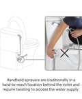 Diagram showing CleanSpa Luxury Handheld Bidet installation with mounted holster and integrated shut off behind toilet in use.
