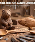 Knockout Wood Carving Kit With Thirty Five Pro Grade Tools And A Rugged Leather Roll Featuring razor sharp carvings of bear and fish.