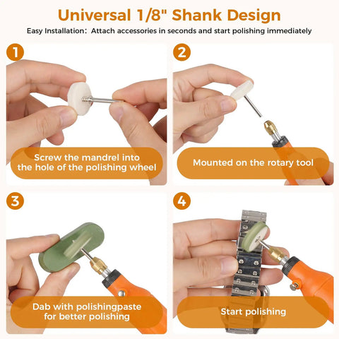 Tough As Nails One Eighth Shank Rotary Tool Polisher And Buffing Kit shown using mandrel to attach polishing wheel for easy polishing.