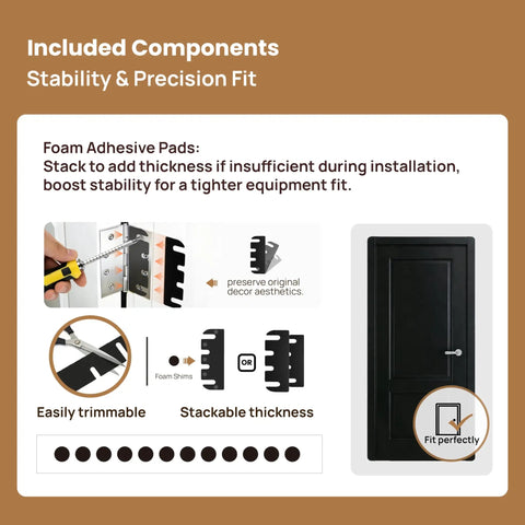 Hassle Free 12 Piece Black Door Hinge Shims 4 Inch Heavy Duty Spacers With Industrial Foam Tape, showing foam adhesive pads and application.