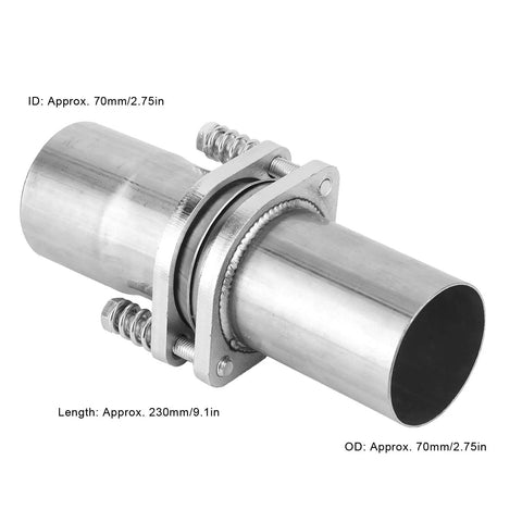 Heavy Duty Stainless Steel Exhaust Pipe Repair Kit With Quick Fix Coupler Sleeve Universal Fit For Everyday Rides Two Seven Five Inch ID To OD showing dimensions and clamps.