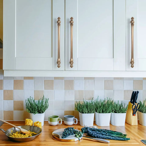 7.5 Inch Brushed Brass Kitchen Cabinet Handles 10 Pack Gold Cabinet Pulls For Cupboard And Drawer displayed on white cabinets