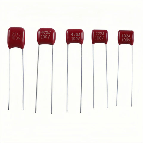 30 Values CBB22 Metallized Polypropylene Film Capacitor Kit With Radial Leads showing five capacitors labeled with capacitance and voltage.