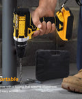Tough As Nails 21v Cordless Drill Tool Kit With Dual Rechargeable Batteries And Six Precision Bits Ergonomic Grip For Wood Metal Plastic And Easy Fixes held in hand with toolbox visible.