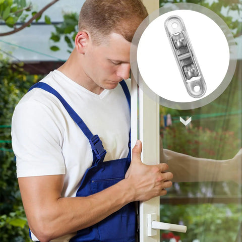 Heavy Duty Window Pulley Wheels And Sliding Door Rollers With Silver Nylon Track deliver smooth glide action shown with installer. 